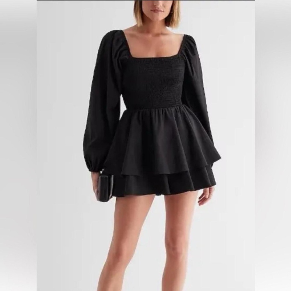 Black Smocked Square-Neck Mini Dress with Puff Sleeves